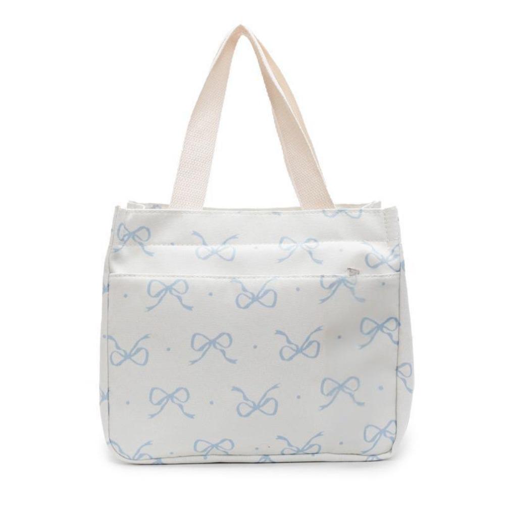 Fashion Bow Print Tote Bag Large Capacity Multi-pocket Lunch Bag Canvas Portable Zipper Handbag