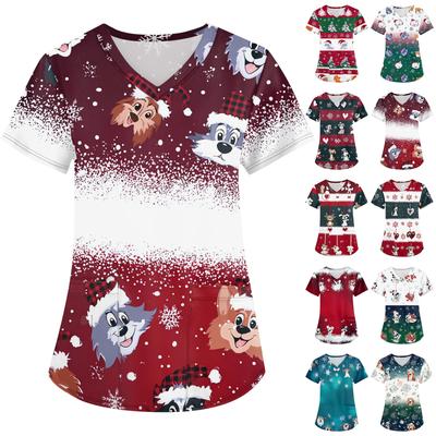 Женская мода с v-образным вырезом, короткими рукавами и карманами, топы с рождественским принтом