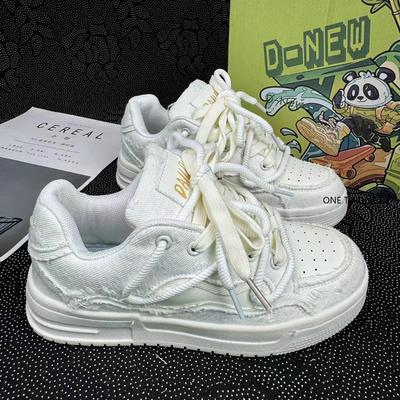 2024 Толстая подошва Белые туфли Модные грубые туфли на плоской подошве для женщин Удобная вулканизированная обувь Новые дизайнерские кроссовки для женщин