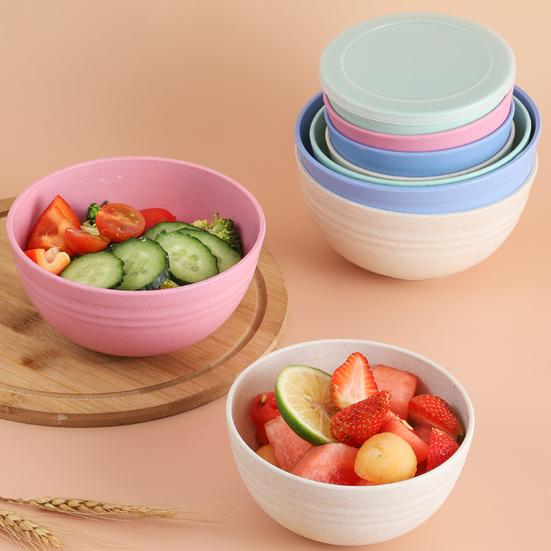 4 шт. Пластиковая салатница пищевого класса с пыленепроницаемой крышкой Многофункциональная утолщенная миска для хлопьев Безопасная для мытья в посудомоечной машине Многоразовая миска для лапши