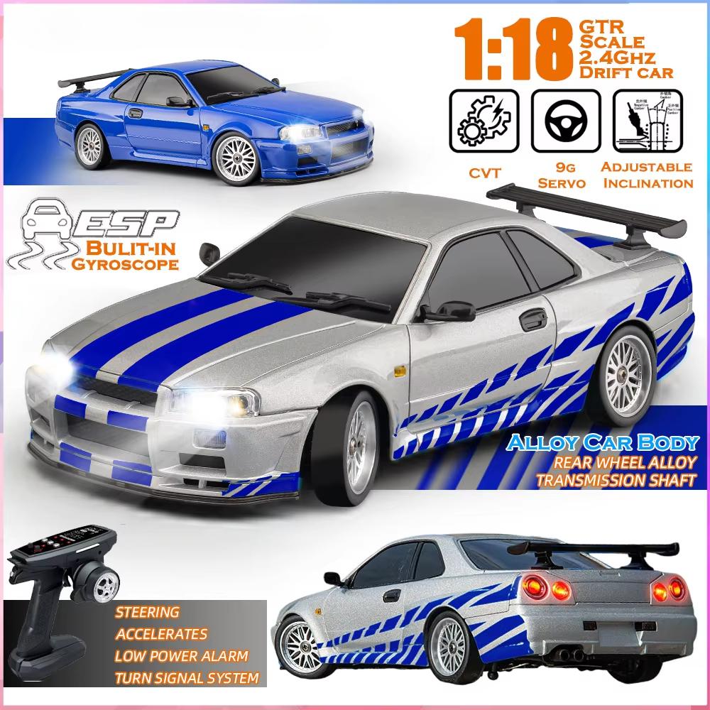 2024 New 2.4GHz 1/18 GTR R34 RC Metal High Speed Drift Car with Gyroscope Highway Alloy Racing Remote Control Racing Car Kids Toy Gift