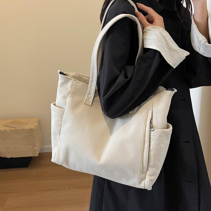 Simple Corduroy Tote Bag Large Capacity Shoulder Bag Casual Crossbody Bag For School Travel AVE