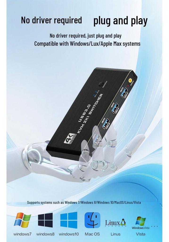 KVM-переключатель 4K HDMI USB 3.0: Конвертер 2 входа, 1 выход