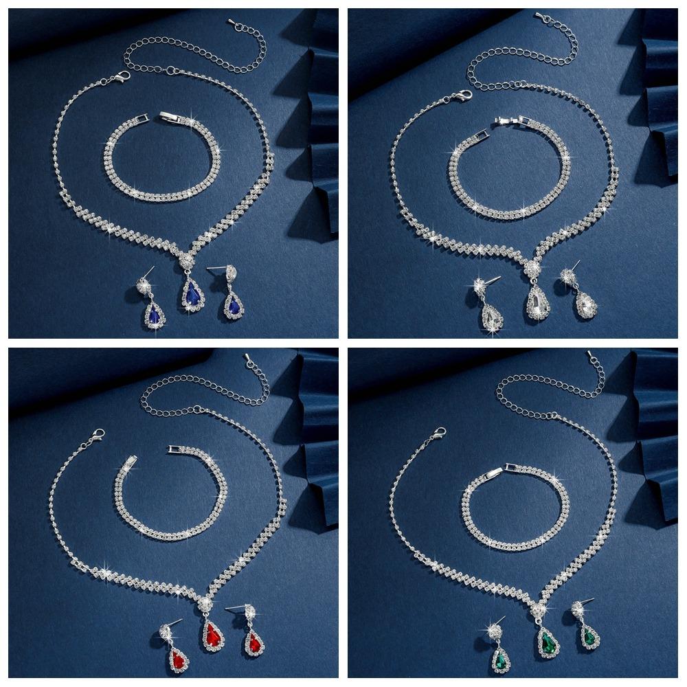 Zinc Zinc Alloy Necklace Earnail Set Round Droplet Wedding Rhinestone Set Luxury Bracelet Girls