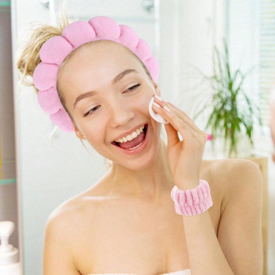 1pc Facial Headband / 2pcs Facial Wristbands / 3sets Spa Headband, Makeup Headband, Facial Headband, Skincare Headband, Pink Velvet Fluffy