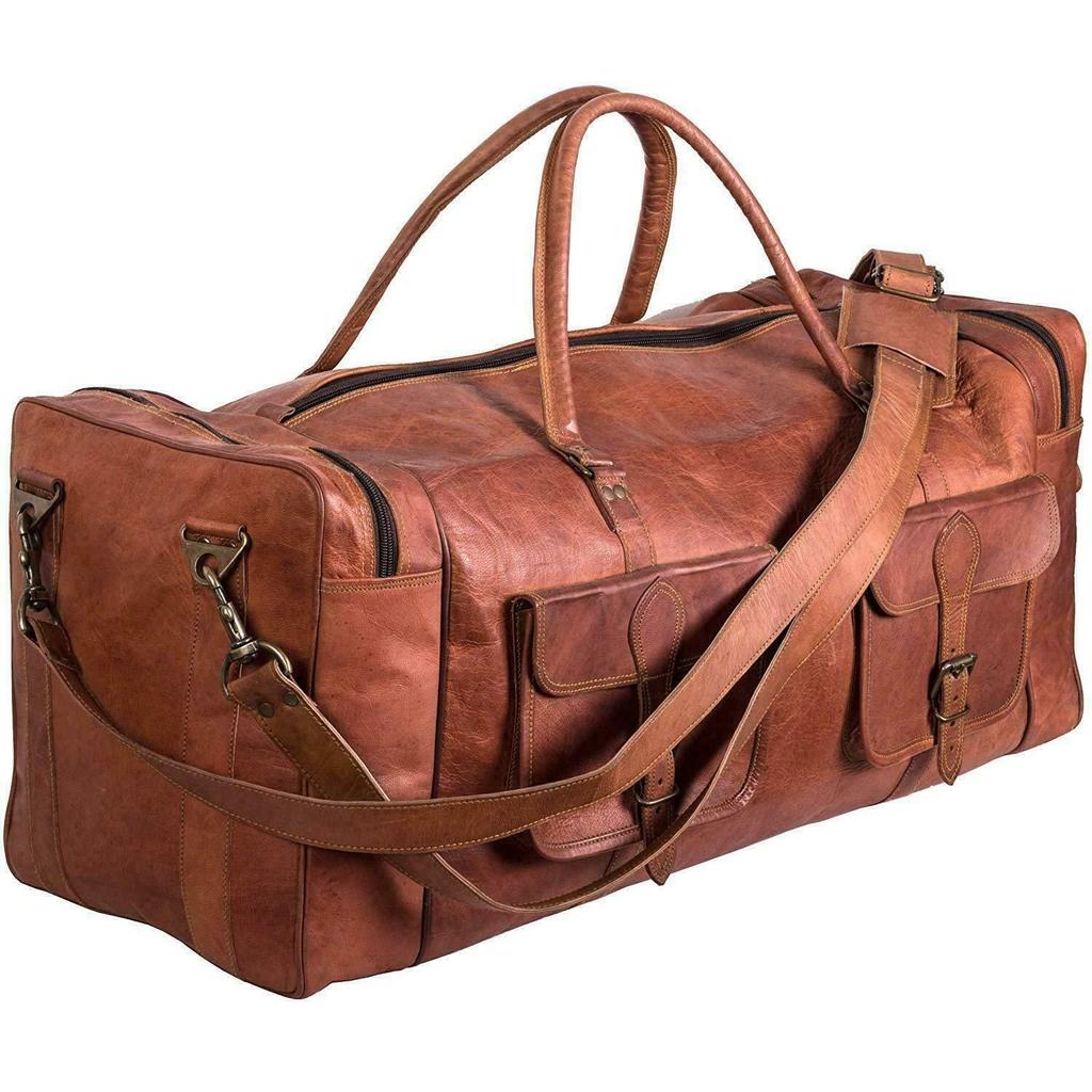 Men's Vintage Genuine Travel Luggage Duffel Gym Bags Brown Goat Leather