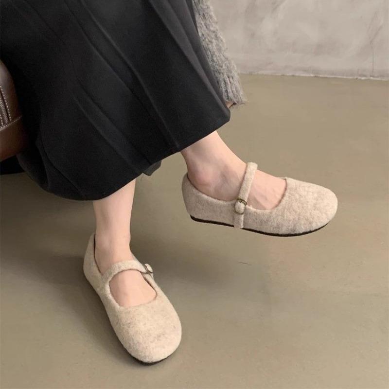 New Square Toe Fleece Ballet Flats Woman Winter Warm Wool Mary Jane Shoes Ladies Brand Design Elegant Plush Loafers