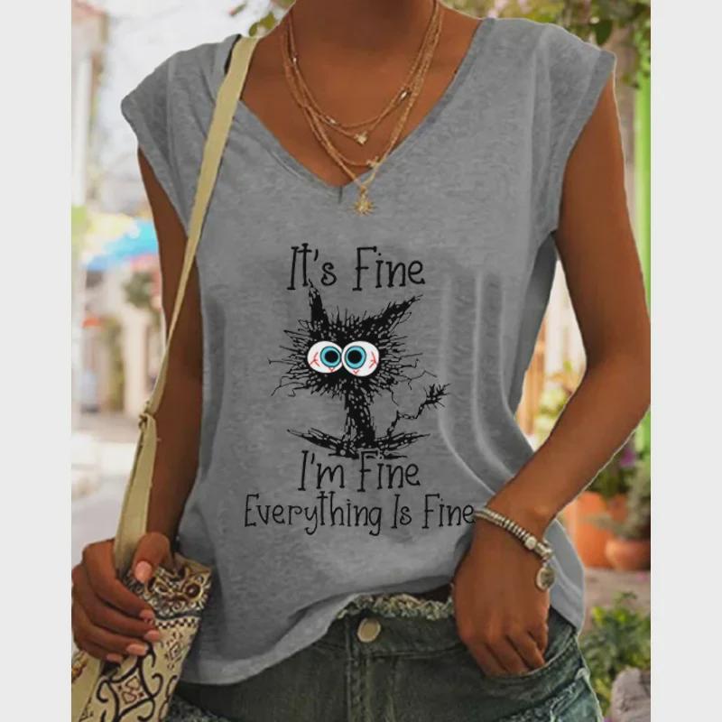 Свободный жилет с V-образным вырезом и рукавами-крылышками 2024 года с принтом черного кота