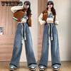 Plus Size M-6XL Vintage Cargo Jeans Women's Spring Autumn Y2k Streetwear Loose High Waisted Jeans Straight Wide Leg Cargo Jeans Women's