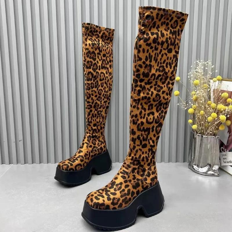 Леопардовые женские высокие сапоги на платформе из замши на высоком каблуке, женские брендовые зимние трендовые сексуальные массивные ботинки Mujer 2025 года