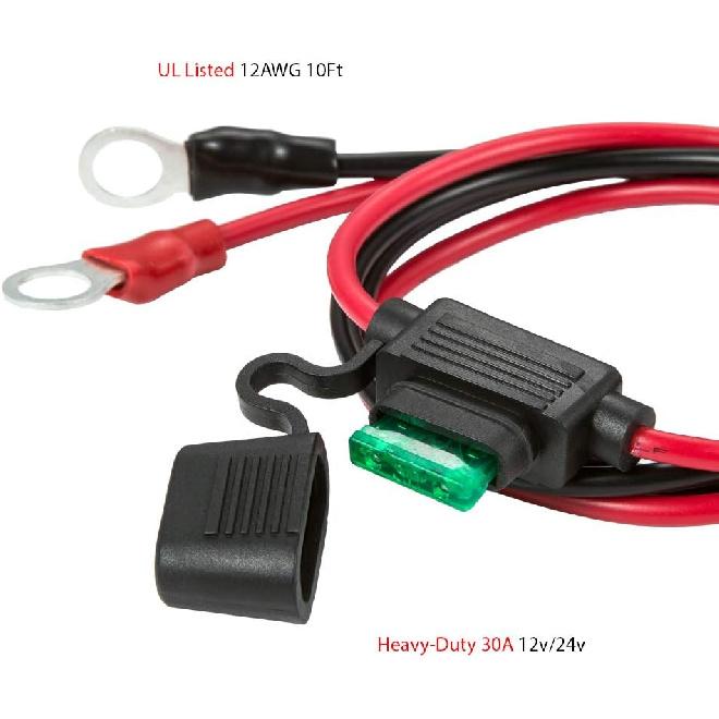 3/8" Ring Eyelet Terminal Battery Boost Cable Heavy-Duty 30A Fuse 12V/24V 12AWG Cord 10Ft