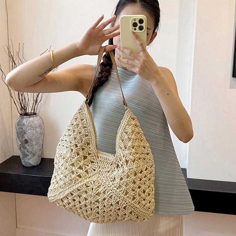 Летняя соломенная вязаная сумка, ажурная сумка-тоут, однотонная пляжная сумка через плечо, праздничная дорожная сумка, сумка через плечо в стиле бохо для женщин