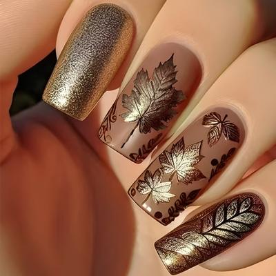 Новогодние накладные ногти 24 шт. Тема кленового листа Средние квадратные Праздничные искусственные акриловые накладные ногти для женщин