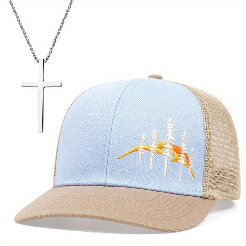 2pcs Embroidered Camouflage Baseball Cap Cross Pendant Necklace Set Men's Women's Sports Versatile Fashion Leisure Sun Hat Duck Tongue Cap