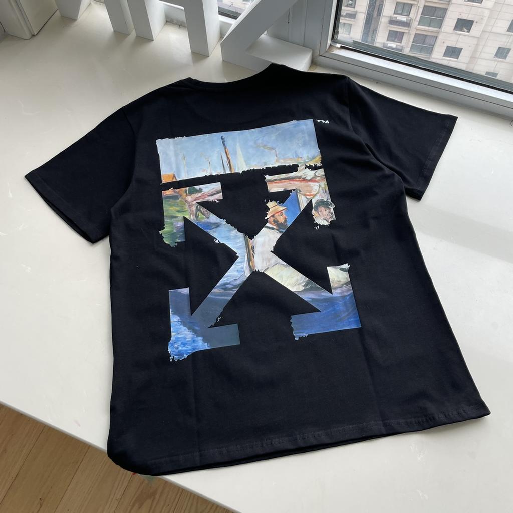 Off-White Лето 2025 года, новая классическая футболка с короткими рукавами и принтом стрелы от Monet для мужчин и женщин, парная футболка