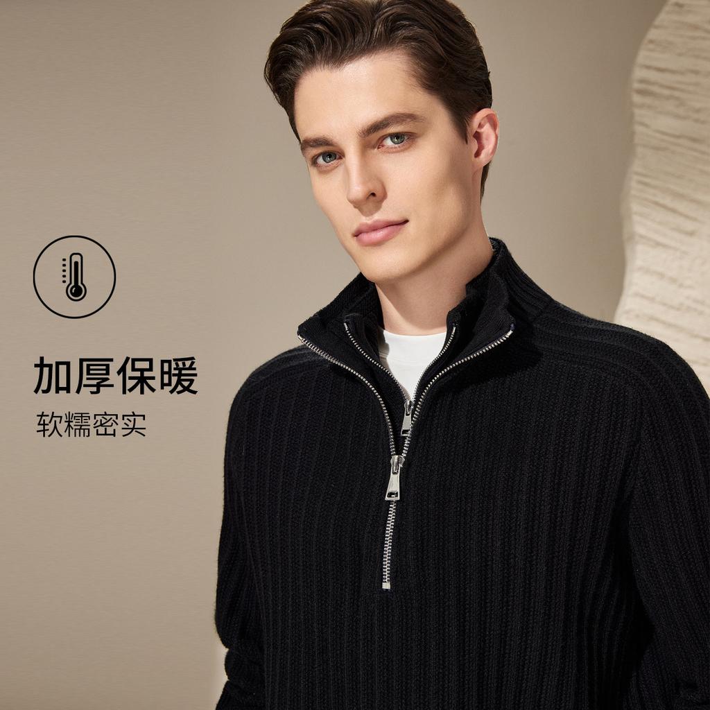[Old Money Style Coarse Needle Weaving] Half High Collar Zipper Collar Sweater Men's Thick Warm Fake Collar Knitted Jacket