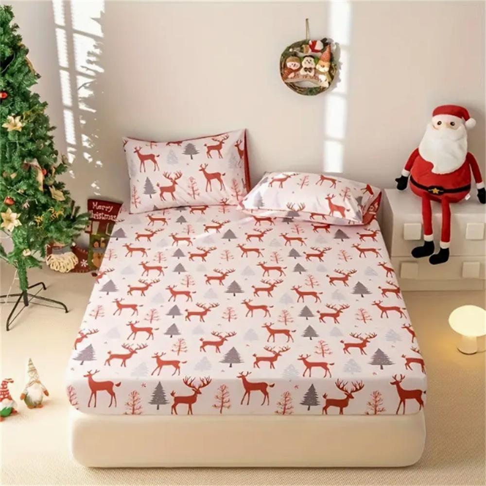 Рождественская тематика Дизайн шапки Санты 3-предметный комплект постельного белья-100% полиэстер микрофибра Машинная стирка Наматрасник Простыня