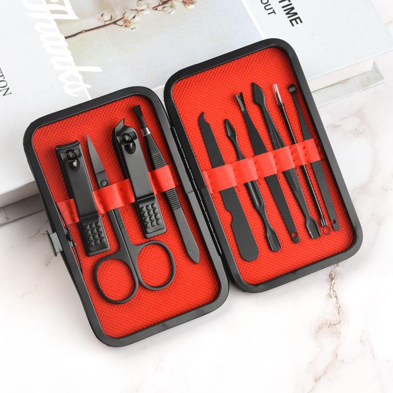 Машинка для стрижки ногтей из нержавеющей стали, триммер, набор для ухода за ушами, маникюрные ножницы, педикюр, пинцет, набор инструментов для ногтей с черным кожаным дорожным футляром