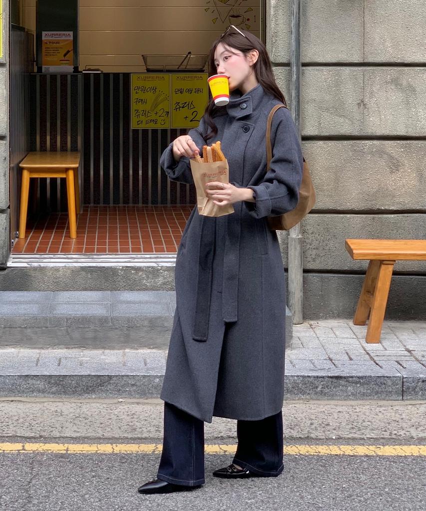 MIND BRIDGE WOMEN [W] Handmade Cashmere High-Neck Belted Long Coat - 2 Colors