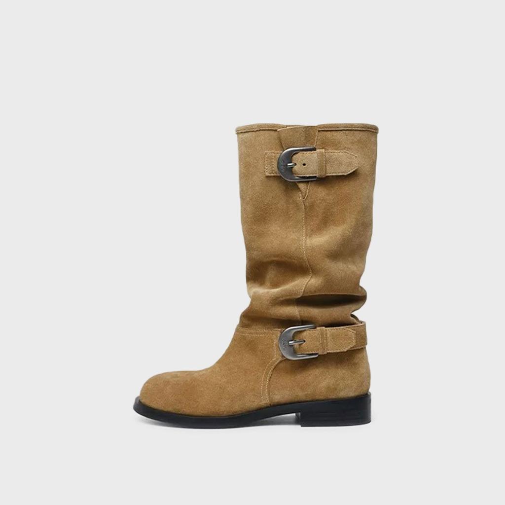 Pleated pile boots women's boots 2025 summer new metal buckle leather knight boots splicing retro western boots