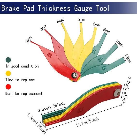 Brake Lining Thickness Gauge, 8 Piece Steel Automotive Brake Pad Measuring Tool, Disc And Drum Brake Lining Gauge Set- Color Coded/SAE &