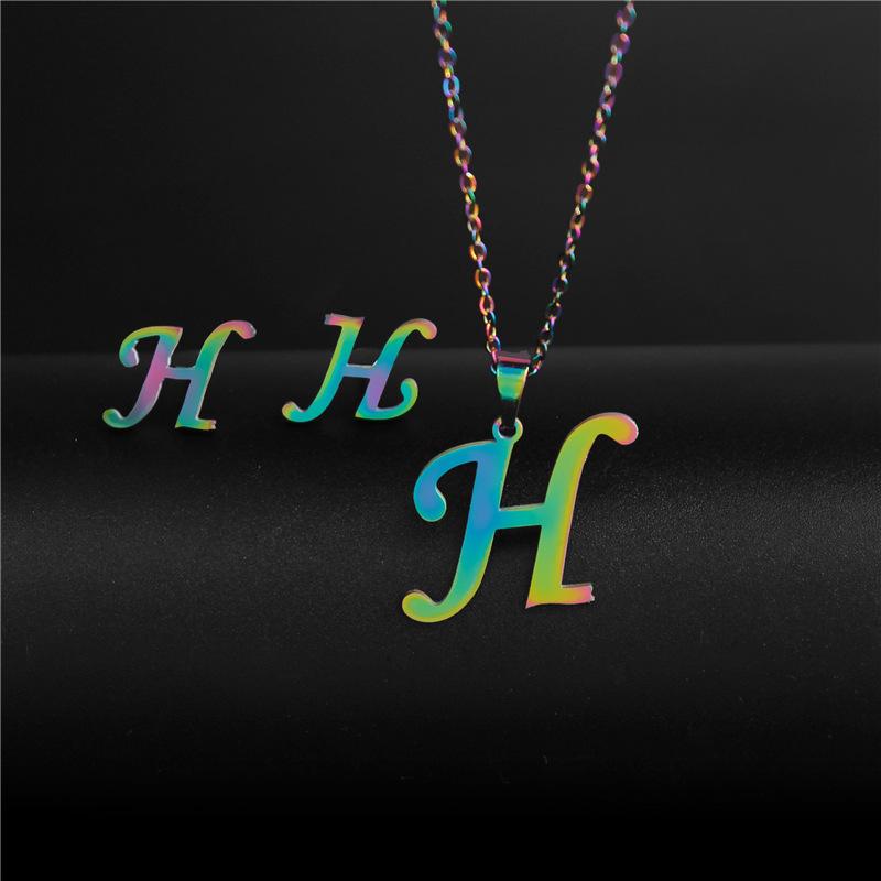 RUI RUI YU 26 Letter Colorful Stainless Steel Jewelry Sets for Women Men Alphabet Initial Chain Pendant Necklace Earrings Kids Gift