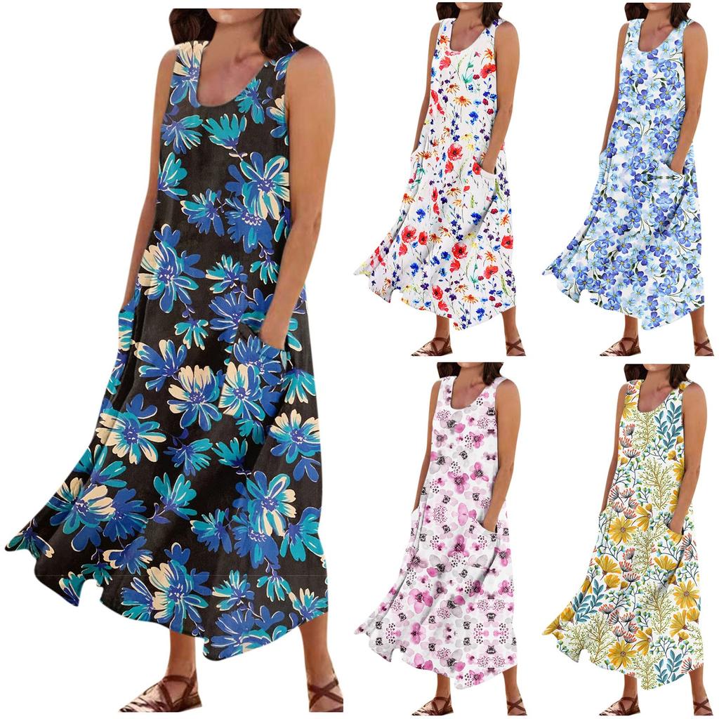 Женское летнее повседневное платье без рукавов с круглым вырезом и карманами