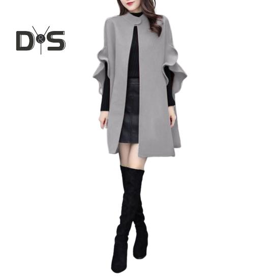 Женское зимнее пальто с рукавами-лепестками, воротником-стойкой, накидкой-трапецией, кардиганом средней длины с открытыми стежкам, шерстяным пальто для улицы, пончо