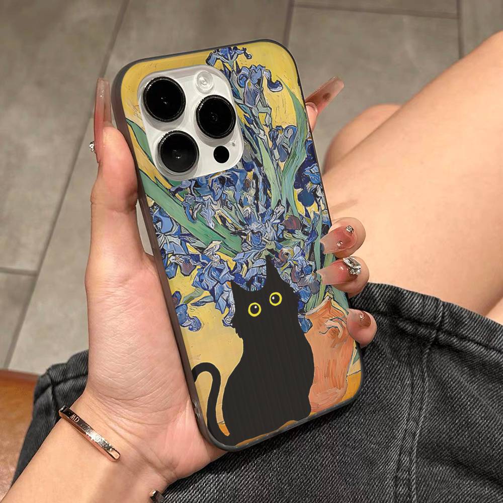Забавные коты Ван Гог Для IPhone 16 15 14 13 12 11 17 Pro Max Plus Волна Гофрированный чехол для телефона Противоударная крышка