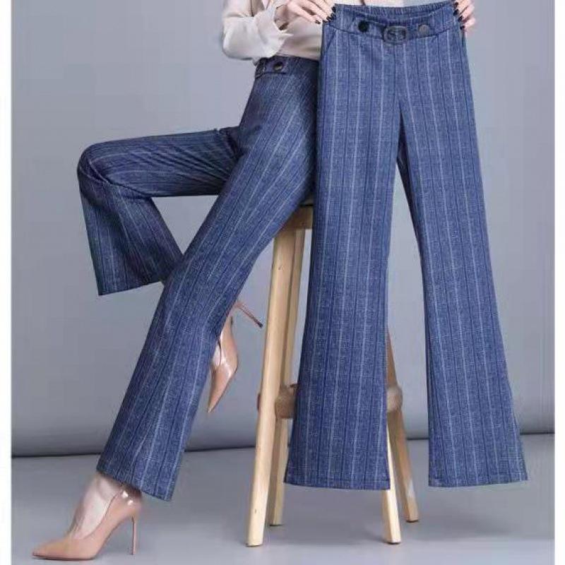 Women's Commuter High Waist Casual Wide Leg Pants Plaid Flared Pants