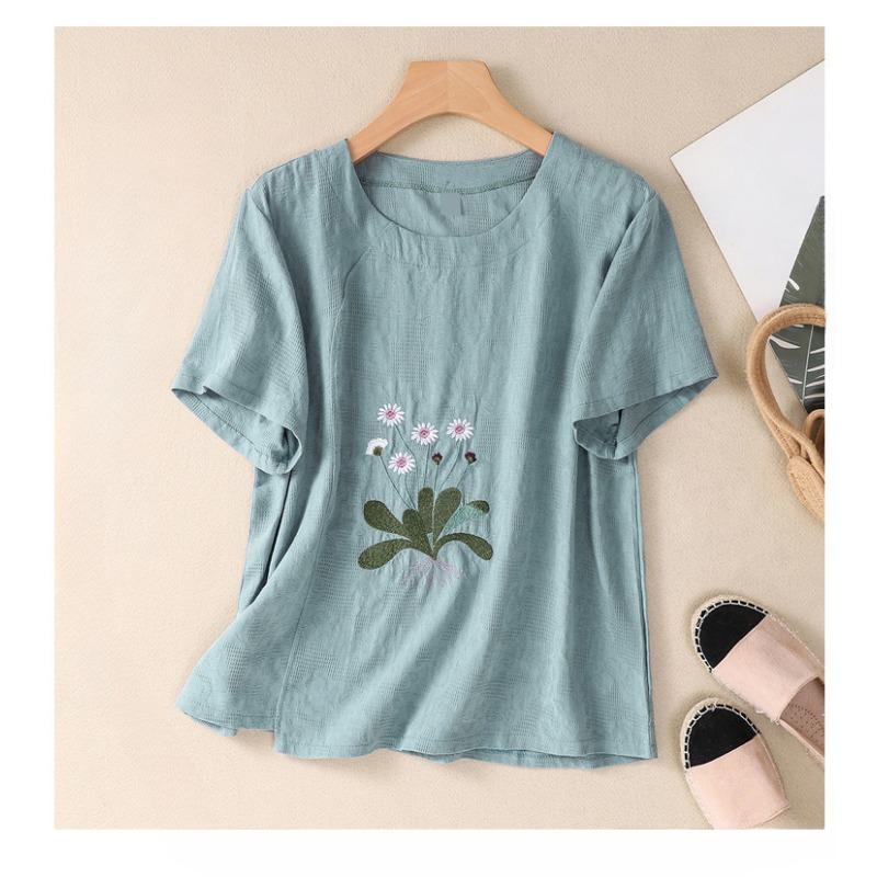 Летняя художественная свободная хлопковая пеньковая жаккардовая футболка с круглым вырезом и вышивкой с коротким рукавом, женская футболка