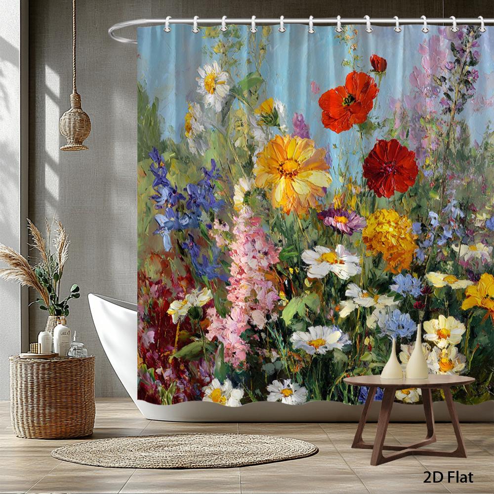 Beautiful Watercolor Botanical Flower Shower Curtain Waterproof Bathroom Decor for Spring Garden Vibes