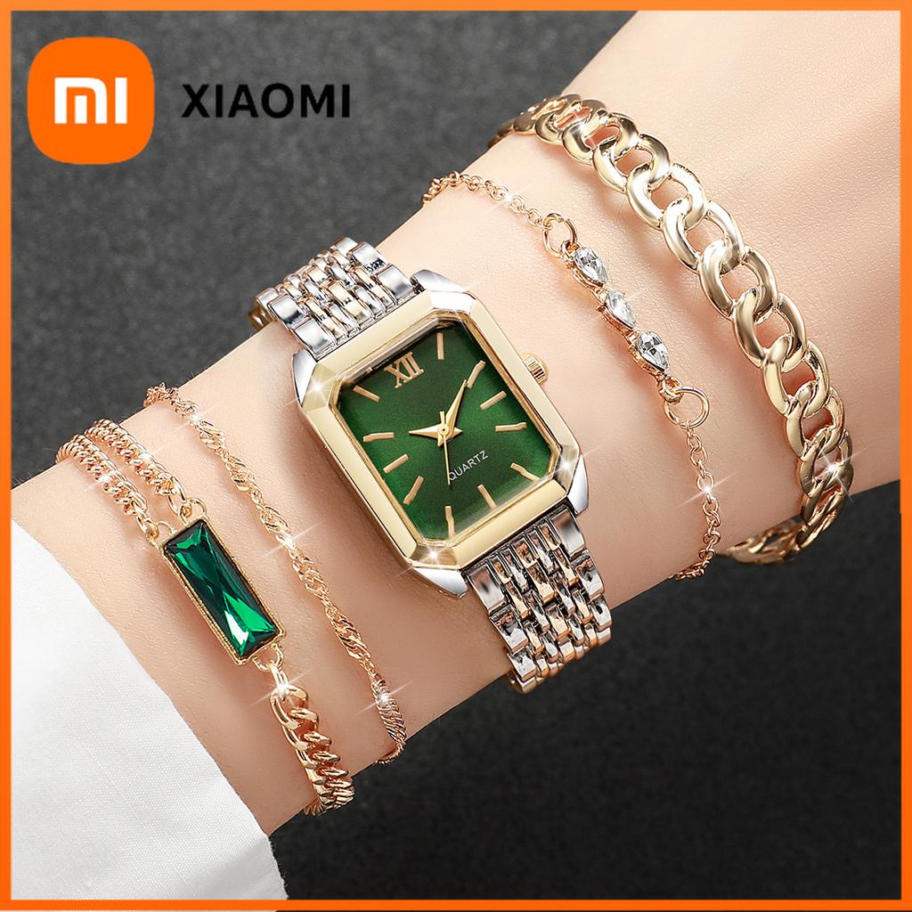 Xiaomi 5 шт. Модный прямоугольный женский кварцевый часовой браслет Набор Дамские наручные часы с римским циферблатом Reloj Mujer Часы для девочек Подарок (Без коробки)