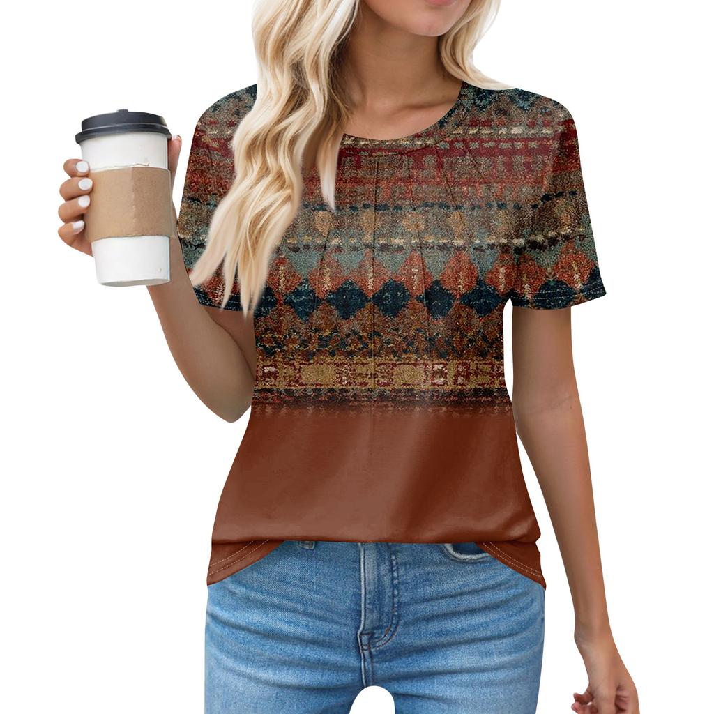 T Shirts For Women Pleated Round Neck Dressy Casual Blouses Printing Short Sleeve Summer Tops Loose Fit