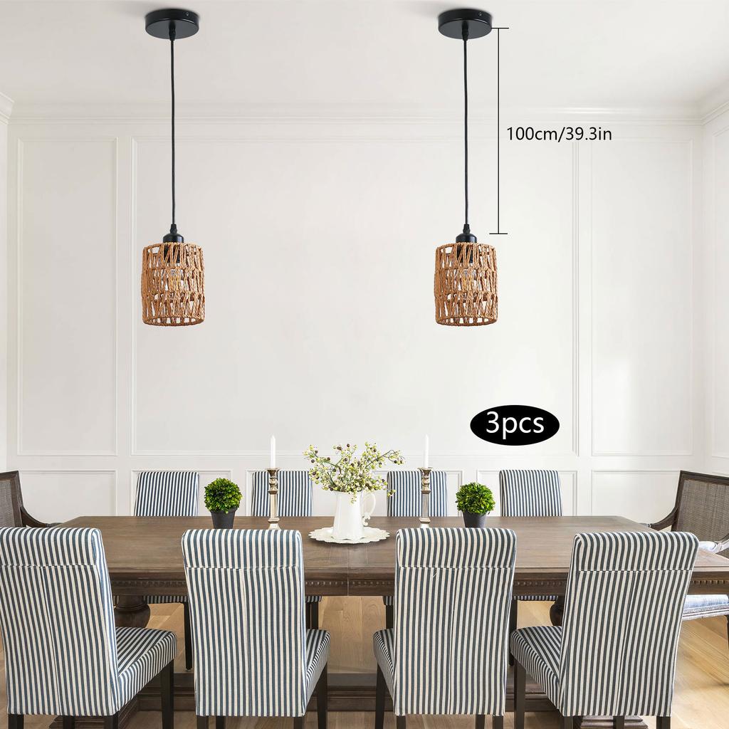 3-Pack Woven Paper Rope Pendant Lights With E26 Base - Rustic Adjustable Height (0-53 Inch) Chandelier for Dining Room & Bedroom