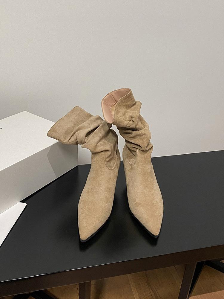 Замшевые плиссированные сапоги с высоким острым каблуком, тонкие ботильоны, женские осенне-зимние ретро ботильоны на тонком каблуке средней высоты