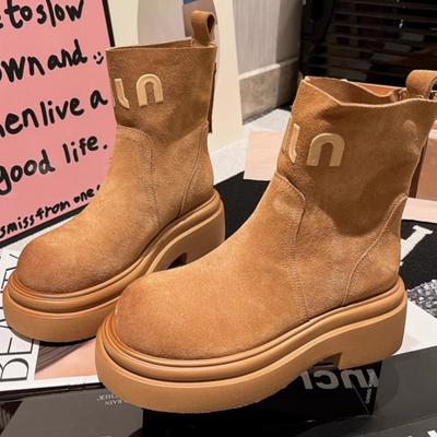 Платформа Ботинки Мартин Женская обувь Мех Письмо Сигаретные ботинки Ботинки Челси Маффин Локомотив Короткие ботинки Инструментальные Ревень Ботинки