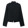 Womens French Fashion Casual Trendy Short Jacket With Knot Buttons Solid Color Turn-down Collar Zipper