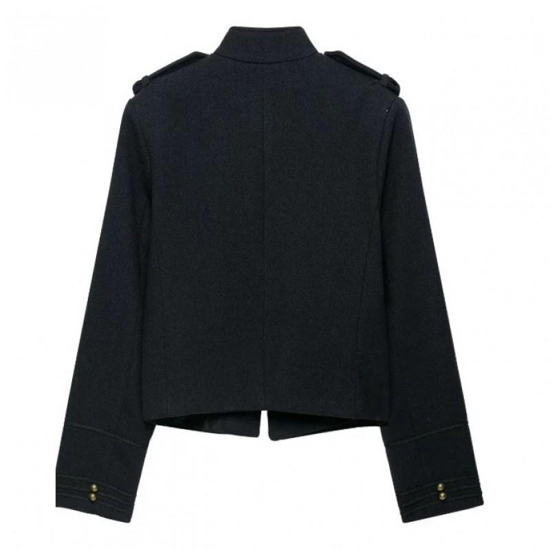 Womens French Fashion Casual Trendy Short Jacket With Knot Buttons Solid Color Turn-down Collar Zipper