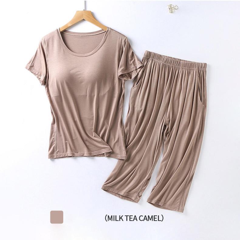 Летняя новая женская пижама из модала 2025 года, костюм из двух частей с нагрудной подкладкой, укороченные брюки с короткими рукавами, комплект для домашнего обихода больших размеров