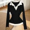 Американский ретро топ с V-образным вырезом, многослойный, с длинным рукавом, стройнящий - Модная весенне-осенняя мода