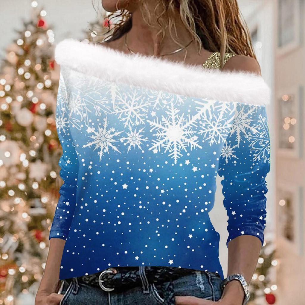 Женский повседневный свободный топ с длинными рукавами и рождественским принтом из плюша