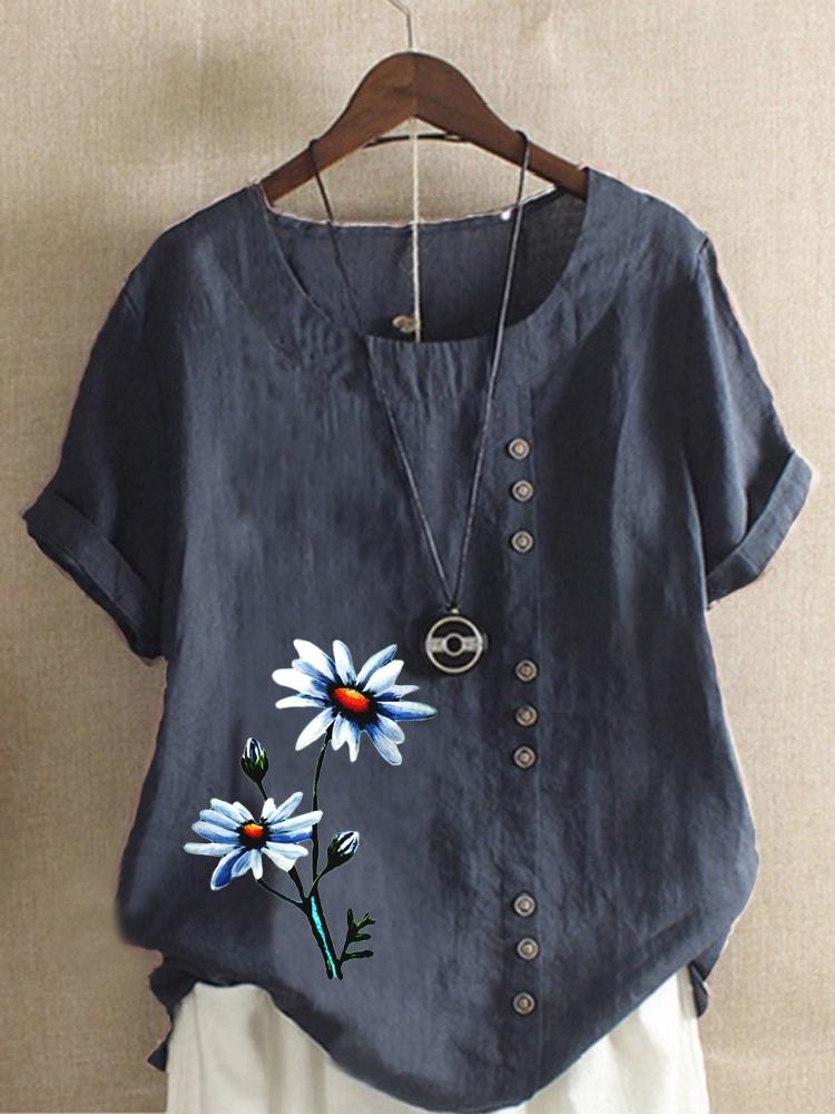 Summer Casual Flower Print Loose T-shirts Vintage Cotton and Linen O-Neck Plus Size Short Sleeve Blouse Tops For Women S-5XL