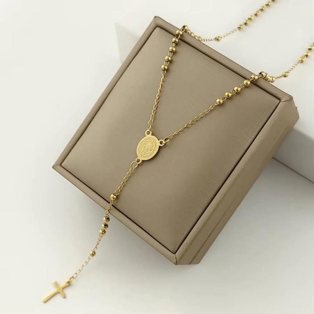 Stainless Steel Rosary Necklace Tassel Chain Cross Pendant Necklace Cross Necklace Prayer Jewelry