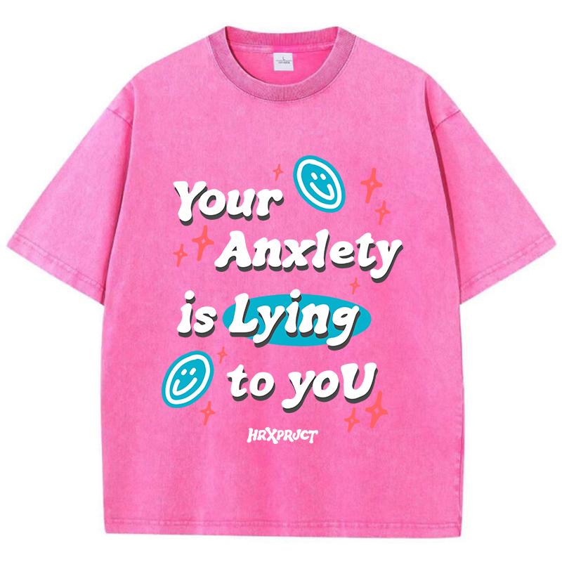 Винтажные женские футболки с кислотной стиркой Ваши тревоги лгут вам Принты Топы Круглый вырез Хлопок Оверсайз Рубашки