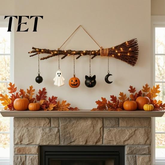 Fall Farmhouse Home Decorations Halloween Witch Broom Wall Decor with LED Light, Thanksgiving Front Door Sign Pumpkin Ghost Cat, Glowing Rustic Porch
