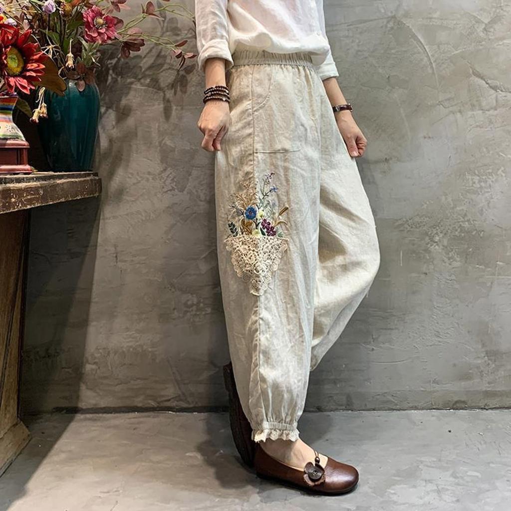 Женские повседневные брюки, удобные эластичные дышащие брюки из хлопка и льна в стиле Харадзюку, свободные брюки в корейском стиле
