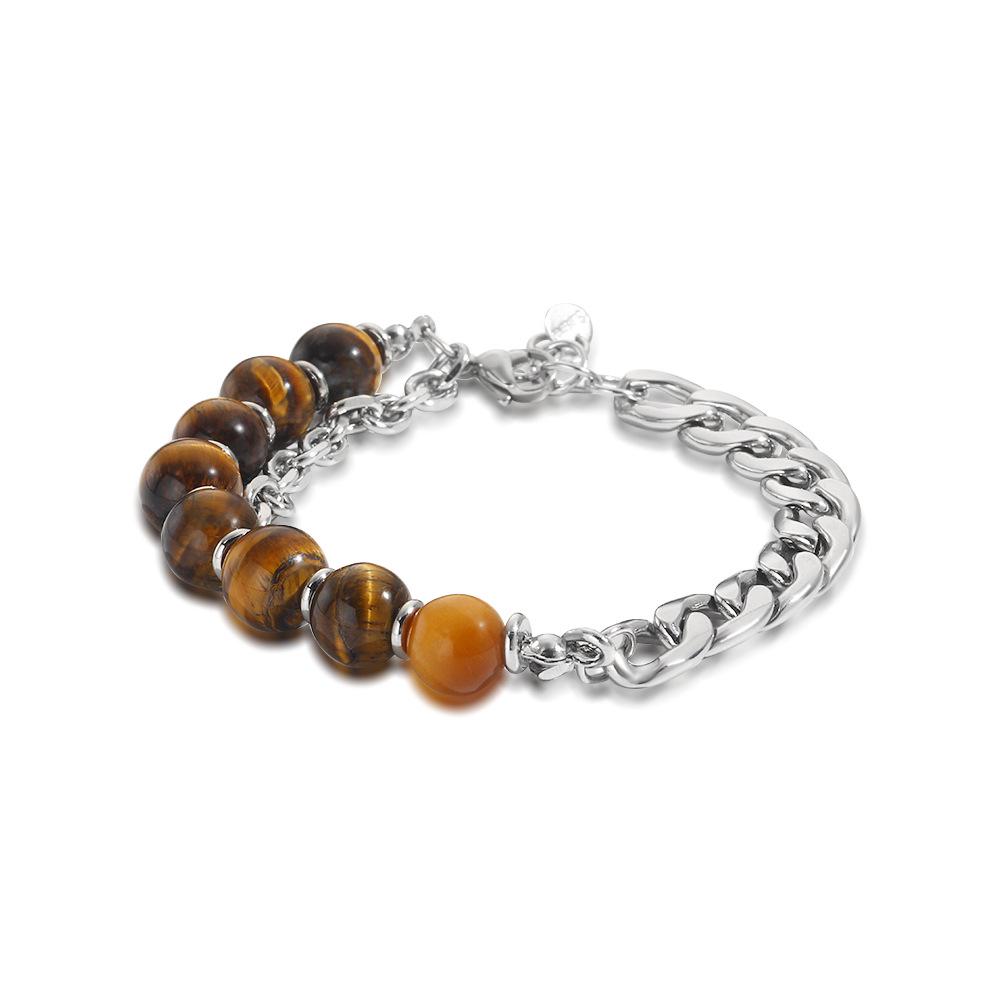 Men’s Stainless Steel Tiger Eye Double-Sided Polished Chain Bracelet with Natural Stone Beads.