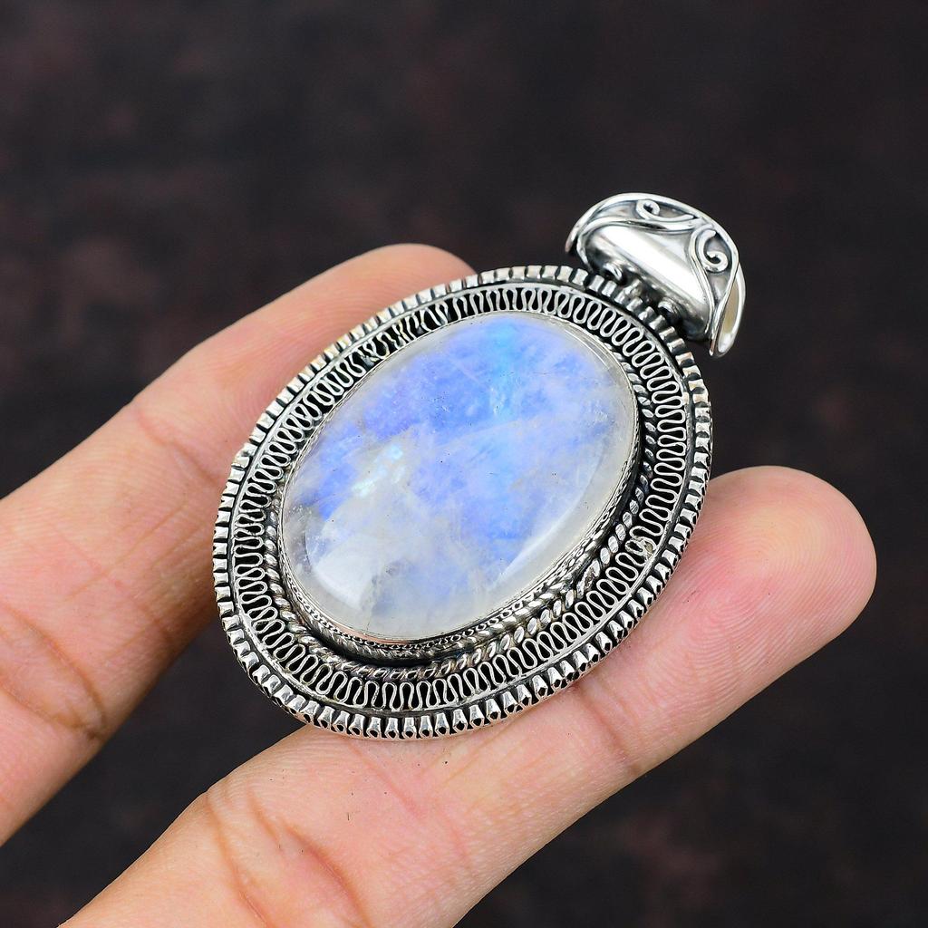 Rainbow Moonstone Pendant Handmade Jewelry 925 Sterling Silver Pendant Vintage Pendant Real Gemstone Pendant Gift For Mom Statement Pendant