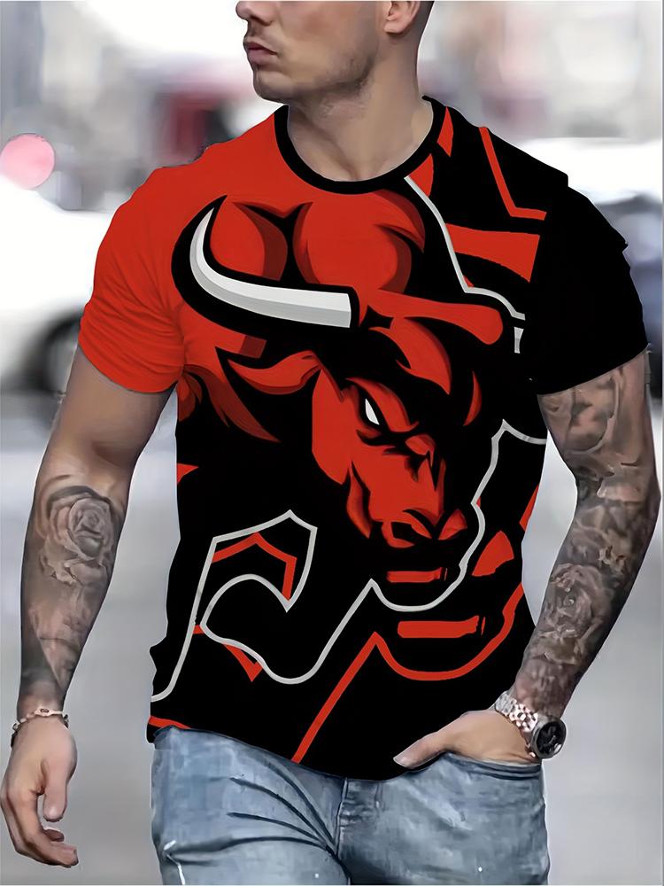 2024 New Summer Daily Casual Men's T-shirt Outdoor Street Men Fashion Short-sleeved Top 3D Bull Head Print Men's T-shirt